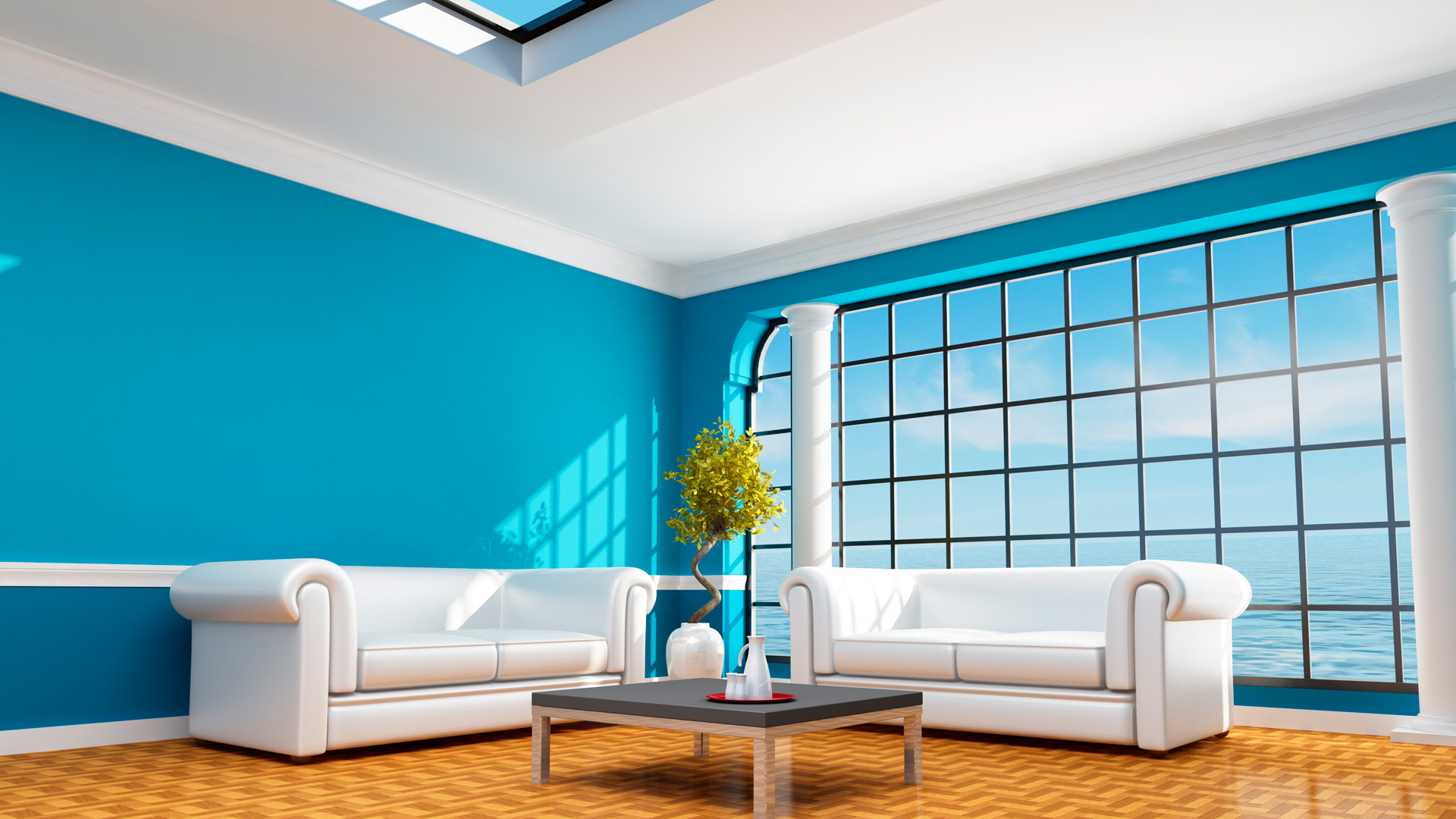 Sala de uma casa de praia pintada com a tinta azul da GoldenCor Tintas